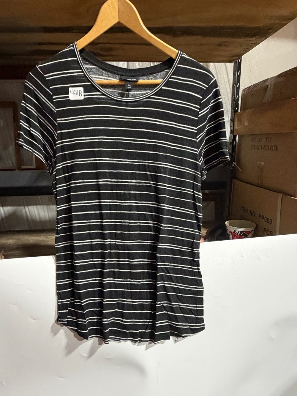 #4418-Who What Wear Black and White Striped Crewneck Short Sleeve Tee